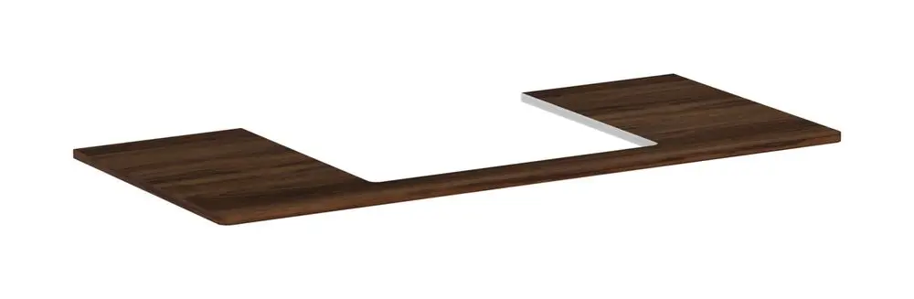 Konsole aus Holz mit mittigem Ausschnitt, geeignet für einen Aufsatzwaschtisch. Dunkle Nussbaum-Oberfläche von Hansgrohe, klar und funktional gestaltet.